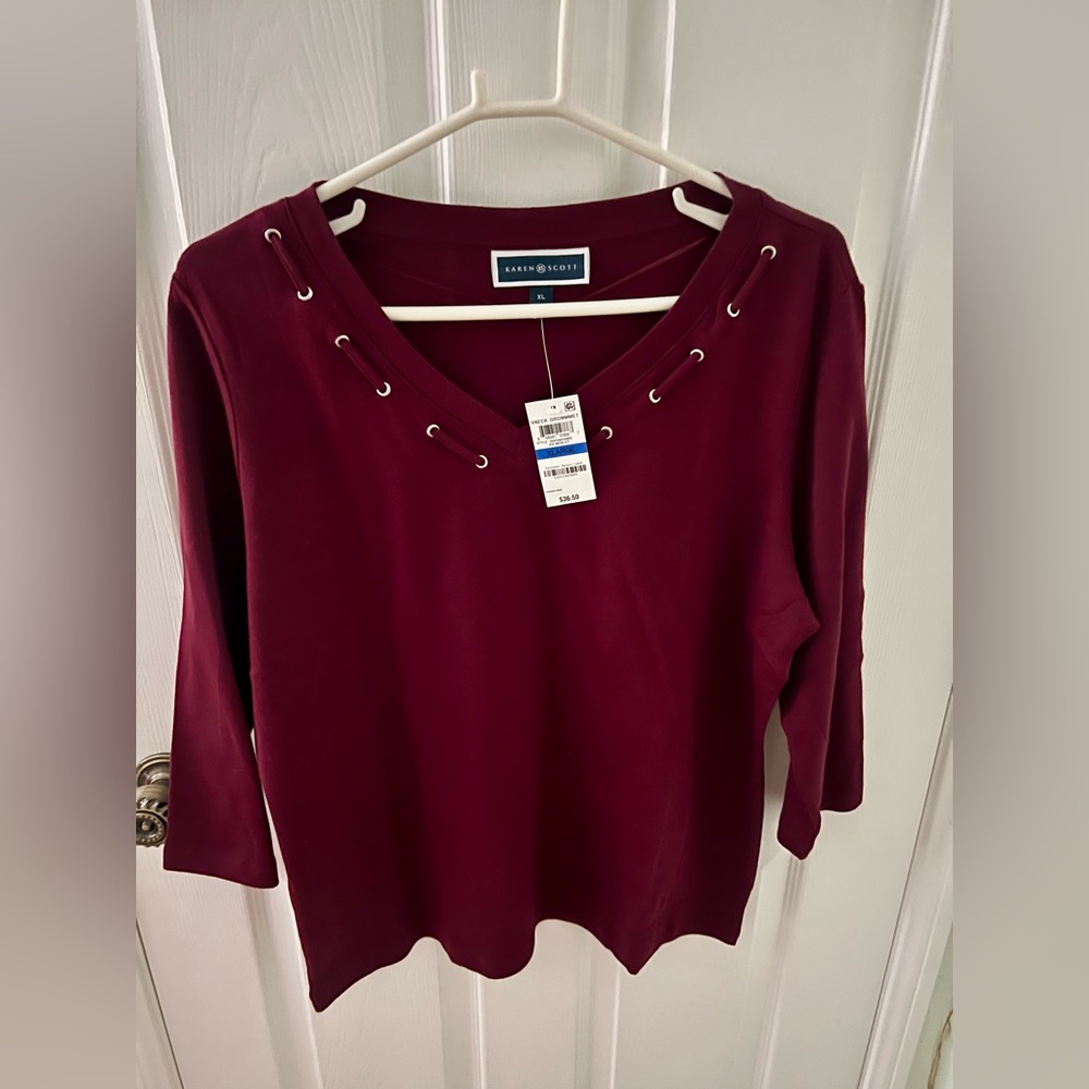 NWT Karen Scott V-Neck Eyelet Trim 3/4 Sleeve Top in Burgundy Size XL